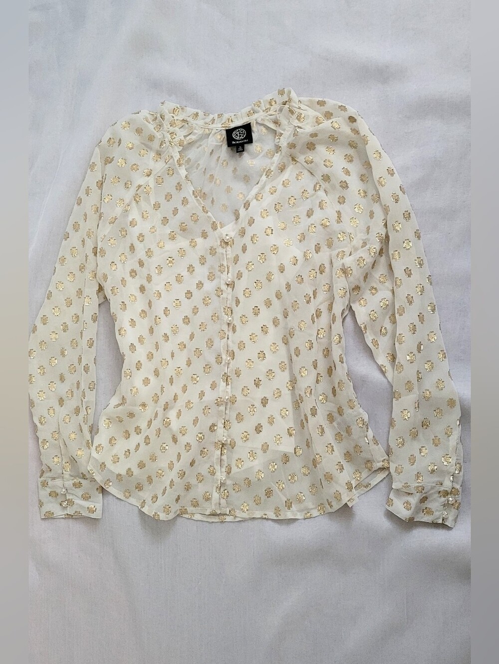 NWOT! Polka Dot Fall Top Gold Foil Pearl Embellished Women's Sheer Blouse Small - Picture 5 of 17